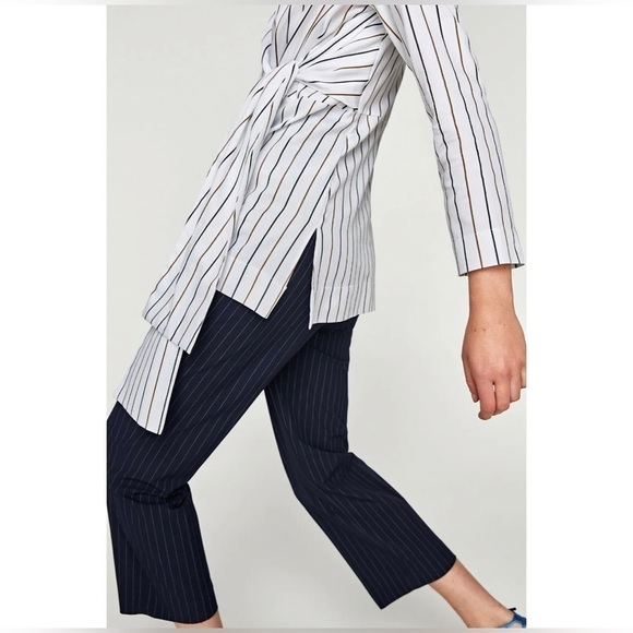 Zara Cotton Poplin Striped Bow Long Sleeve Tunic Top - Picture 5 of 15